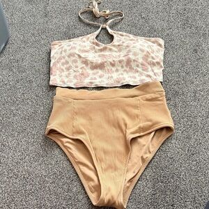 Aerie Bikini Set Medium Neutral Leopard Halter Top + High Waisted Cheeky Bottoms